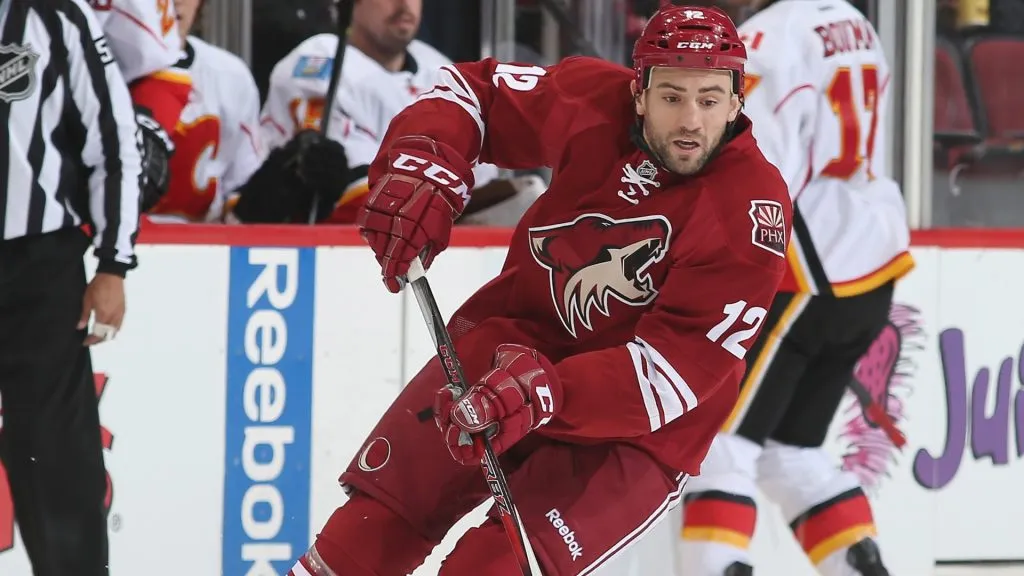 Paul Bissonnette #12 of the Phoenix Coyotes skates against the Calgary Flames at the Jobing.com Arena on March 15, 2014 in Glendale, Arizona. The Coyotes defeated the Flames 3-2. (Photo by Bruce Bennett/Getty Images)