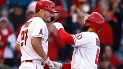 Mike Trout #27 celebrates after his teammate hits a two-run home run against the Miami Marlins during the sixth inning at Angel Stadium of Anaheim on April 12, 2022 in Anaheim, California.