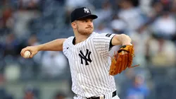 Clarke Schmidt #36 of the New York Yankees pitches in the first inning against the Toronto Blue Jays during game two of a doubleheader at Yankee Stadium on April 27, 2025 in New York City.