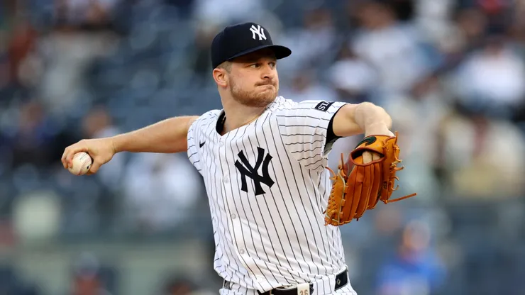 Clarke Schmidt #36 of the New York Yankees pitches in the first inning against the Toronto Blue Jays during game two of a doubleheader at Yankee Stadium on April 27, 2025 in New York City.