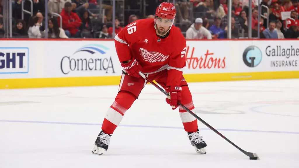 Erik Gustafsson #56 of the Detroit Red Wings plays against the Columbus Blue Jackets on February 27, 2025 in Detroit, Michigan. (Photo by Gregory Shamus/Getty Images)