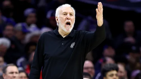 Head coach Gregg Popovich of the San Antonio Spurs reacts during the third quarter against the Philadelphia 76ersat the Wells Fargo Center on January 22, 2024 in Philadelphia, Pennsylvania.