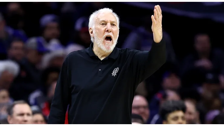 Head coach Gregg Popovich of the San Antonio Spurs reacts during the third quarter against the Philadelphia 76ersat the Wells Fargo Center on January 22, 2024 in Philadelphia, Pennsylvania.
