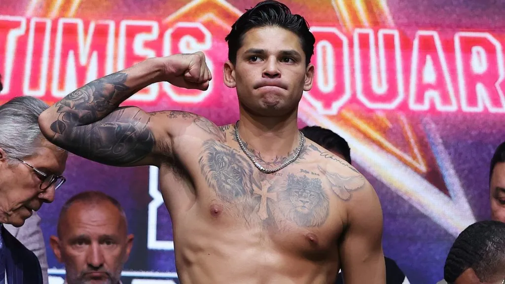 Ryan Garcia weighs in for his welterweight bout against Rolando “Rolly” Romero at the Manhattan Center for their fight in Times Square on May 01, 2025 in New York City. (Photo by Al Bello/Getty Images)