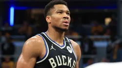 Milwaukee Bucks star Giannis Antetokounmpo looks on.