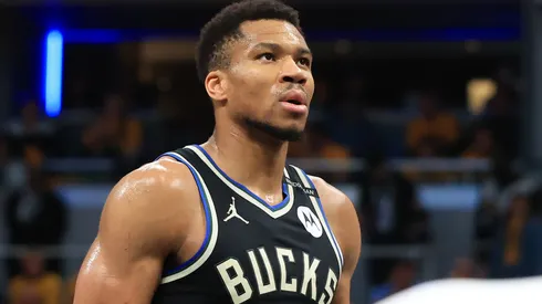 Milwaukee Bucks star Giannis Antetokounmpo looks on.