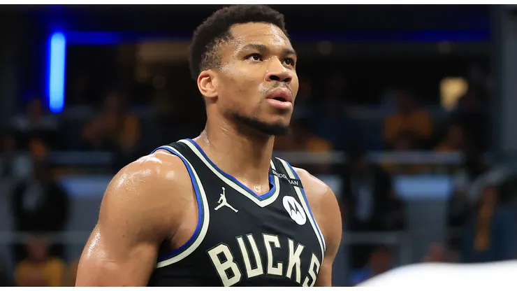 Milwaukee Bucks star Giannis Antetokounmpo looks on.