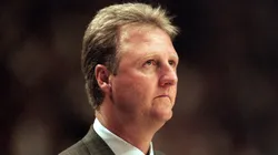 Head coach Larry Bird of the Indiana Pacers looks on during the game against the New York Knicks at Market Square Arena.