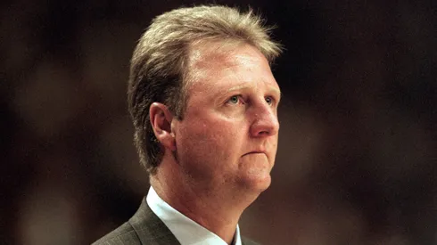 Head coach Larry Bird of the Indiana Pacers looks on during the game against the New York Knicks at Market Square Arena.