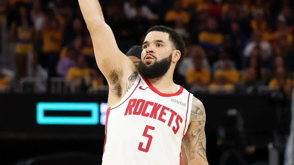 Fred VanVleet #5 of the Houston Rockets reacts to a three point basket against the Golden State Warriors during the fourth quarter in Game Six