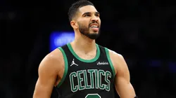 Jayson Tatum #0 of the Boston Celtics celebrates at the end of the third quarter in Game Five of the NBA Playoffs.