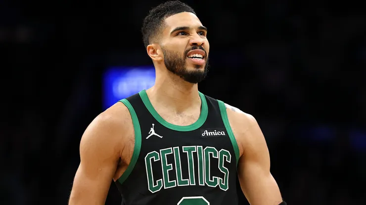 Jayson Tatum #0 of the Boston Celtics celebrates at the end of the third quarter in Game Five of the NBA Playoffs.