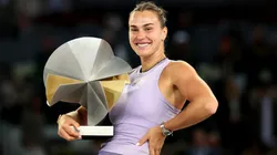 Aryna Sabalenka poses for a photo with her trophy after victory against Coco Gauff of United States in the Women's Singles Final Match of the Madrid Open.