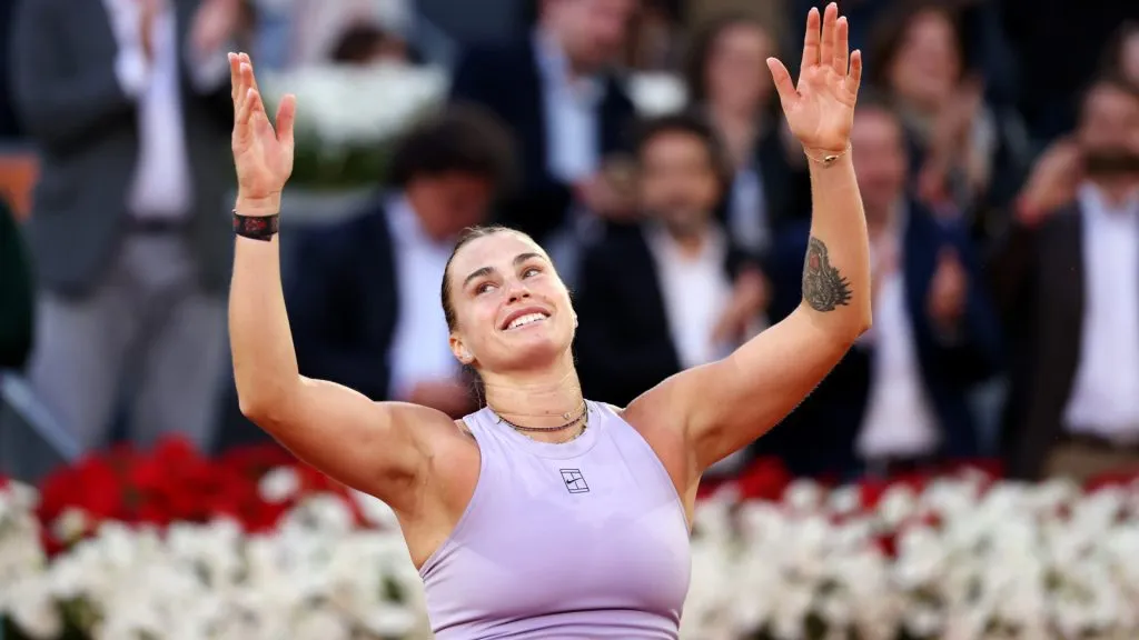 Aryna Sabalenka celebrates victory against Coco Gauff of United States during the Womenās Singles Final Match on Day 12 of the Madrid Open. (Julian Finney/Getty Images)