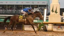 Sovereignty #18, ridden by jockey Junior Alvarado crosses the finish line to win the 151st running of the Kentucky Derby at Churchill Downs on May 03, 2025 in Louisville, Kentucky.