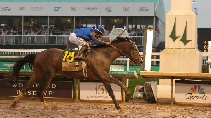 Sovereignty #18, ridden by jockey Junior Alvarado crosses the finish line to win the 151st running of the Kentucky Derby at Churchill Downs on May 03, 2025 in Louisville, Kentucky.