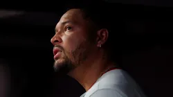 Taijuan Walker #99 of the Philadelphia Phillies reacts in the dugout after being pulled in the fifth inning against the Atlanta Braves at Truist Park on April 09, 2025 in Atlanta, Georgia.