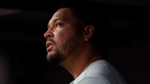 Taijuan Walker #99 of the Philadelphia Phillies reacts in the dugout after being pulled in the fifth inning against the Atlanta Braves at Truist Park on April 09, 2025 in Atlanta, Georgia.