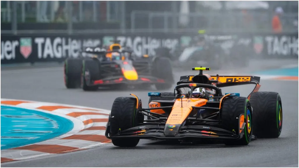 Lando Norris and Max Verstappen during the spring race – Rudy Carezzevoli/Getty Images
