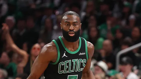 Jaylen Brown #7 of the Boston Celtics dribbles against the Orlando Magic in Game Five of the Eastern Conference First Round NBA Playoffs