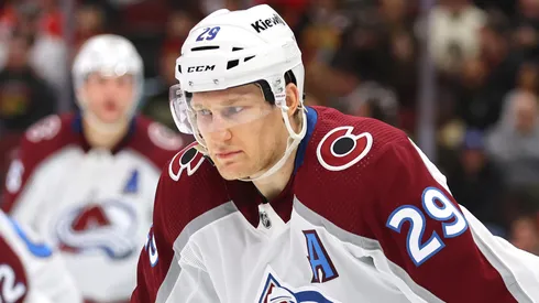 Nathan MacKinnon #29 of the Colorado Avalanche looks on against the Chicago Blackhawks during the second period at the United Center on February 29, 2024 in Chicago, Illinois.