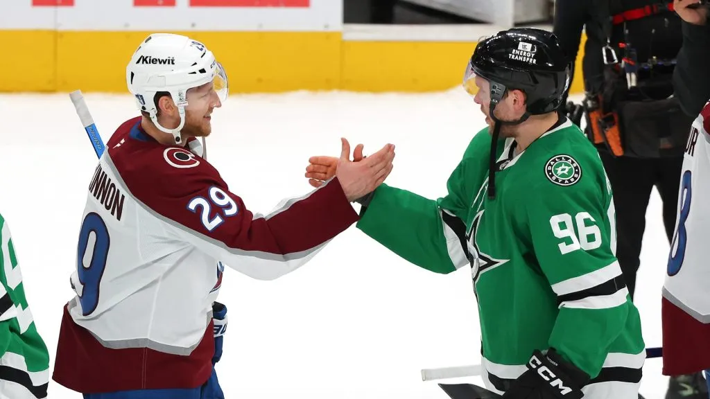 Nathan MacKinnon #29 of the Colorado Avalanche and Mikko Rantanen #96 of the Dallas Stars shakes hands after the Stars 4-2 win in Game Seven of the First Round of the 2025 Stanley Cup Playoffs at American Airlines Center on May 03, 2025 in Dallas, Texas.