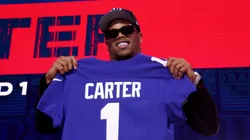 Edge Rusher Abdul Carter of Penn State poses after being selected third overall pick by the New York Giants during the first round of the 2025 NFL Draft at Lambeau Field on April 24, 2025 in Green Bay, Wisconsin.