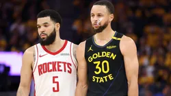 Fred VanVleet #5 of the Houston Rockets and Stephen Curry #30 of the Golden State Warriors.