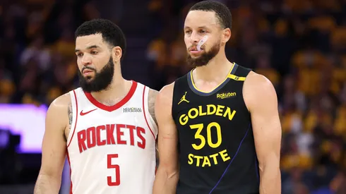 Fred VanVleet #5 of the Houston Rockets and Stephen Curry #30 of the Golden State Warriors.