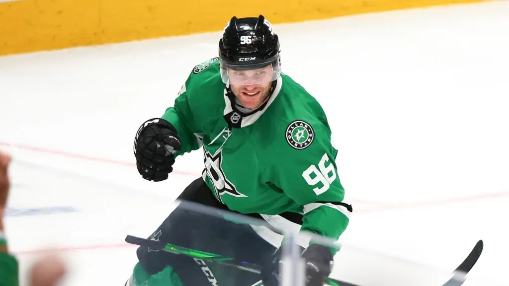 Mikko Rantanen #96 of the Dallas Stars celebrates after scoring an empty-net hat-trick goal against the Colorado Avalanche during the third period in Game Seven of the First Round of the 2025 Stanley Cup Playoffs at American Airlines Center on May 03, 2025 in Dallas, Texas.