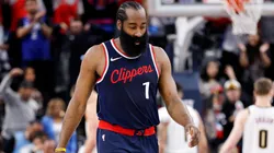 James Harden #1 of the LA Clippers reacts after being charged with a foul during the third quarter in Game Four of the Western Conference First Round NBA Playoffs against the Denver Nuggets at Intuit Dome on April 26, 2025 in Inglewood, California.