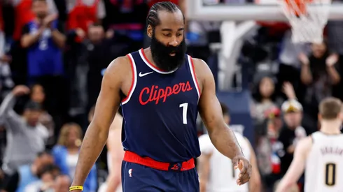 James Harden #1 of the LA Clippers reacts after being charged with a foul during the third quarter in Game Four of the Western Conference First Round NBA Playoffs against the Denver Nuggets at Intuit Dome on April 26, 2025 in Inglewood, California.