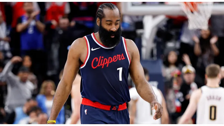 James Harden #1 of the LA Clippers reacts after being charged with a foul during the third quarter in Game Four of the Western Conference First Round NBA Playoffs against the Denver Nuggets at Intuit Dome on April 26, 2025 in Inglewood, California.