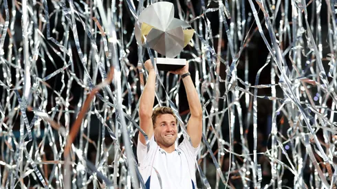 Casper Ruud of Norway celebrates with the trophy after his victory in the Men's Singles Final against Jack Draper of Great Britain on Day Thirteen of the Mutua Madrid Open at La Caja Magica on May 04, 2025 in Madrid, Spain.