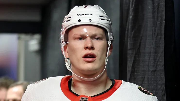 Brady Tkachuk #7 of the Ottawa Senators looks on before playing against the Philadelphia Flyers at the Wells Fargo Center on January 21, 2024 in Philadelphia, Pennsylvania.
