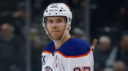 Connor McDavid #97 of the Edmonton Oilers reacts during a 6-2 loss to the Los Angeles Kings in Game Two of the First Round of the 2025 Stanley Cup Playoffs.