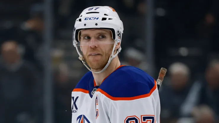 Connor McDavid #97 of the Edmonton Oilers reacts during a 6-2 loss to the Los Angeles Kings in Game Two of the First Round of the 2025 Stanley Cup Playoffs.