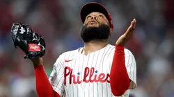 José Alvarado #46 of the Philadelphia Phillies celebrates the third out with bases loaded in the eighth inning against the Washington Nationals at Citizens Bank Park on April 29, 2025 in Philadelphia, Pennsylvania.