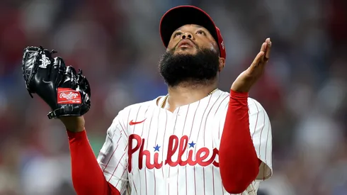 José Alvarado #46 of the Philadelphia Phillies celebrates the third out with bases loaded in the eighth inning against the Washington Nationals at Citizens Bank Park on April 29, 2025 in Philadelphia, Pennsylvania.