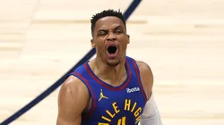 Russell Westbrook #4 of the Denver Nuggets reacts after dunking the ball against the LA Clippers during the fourth quarter in Game Seven of the Western Conference First Round NBA Playoffs