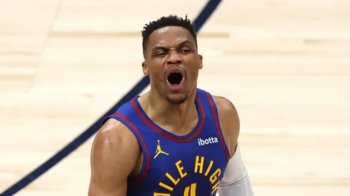 Russell Westbrook #4 of the Denver Nuggets reacts after dunking the ball against the LA Clippers during the fourth quarter in Game Seven of the Western Conference First Round NBA Playoffs