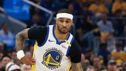 Gary Payton II #0 of the Golden State Warriors dribbles the ball against the Houston Rockets in Game Three of the Western Conference First Round NBA Playoffs at Chase Center