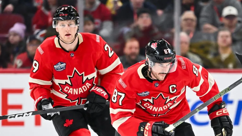 Sidney Crosby #87 of Team Canada skates ahead of teammate Nathan MacKinnon #29 during the first period against Team Sweden in the 2025 NHL 4 Nations Face-Off at the Bell Centre on February 12, 2025 in Montreal, Quebec, Canada.