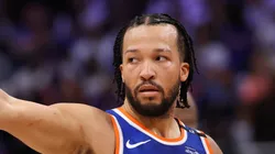 Jalen Brunson #11 of the New York Knicks celebrates after making a three-point basket late during the fourth quarter against the Detroit Pistons in Game Six