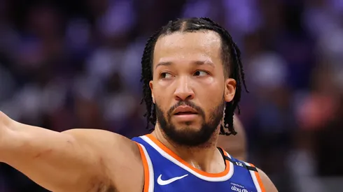 Jalen Brunson #11 of the New York Knicks celebrates after making a three-point basket late during the fourth quarter against the Detroit Pistons in Game Six