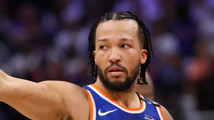 Jalen Brunson #11 of the New York Knicks celebrates after making a three-point basket late during the fourth quarter against the Detroit Pistons in Game Six