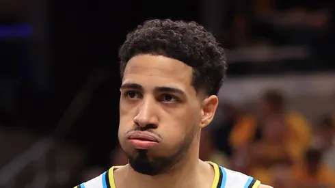 Tyrese Haliburton #0 of the Indiana Pacers reacts during the second quarter against the Milwaukee Bucks of Game 5 of the 2025 NBA Playoffs