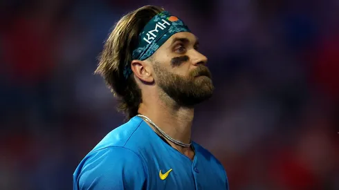 Bryce Harper #3 of the Philadelphia Phillies looks on during a game against the Arizona Diamondbacks at Citizens Bank Park on May 02, 2025 in Philadelphia, Pennsylvania.