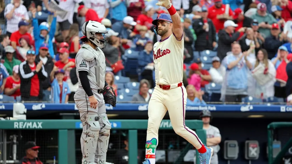 Bryce Harper #3 of the Philadelphia Phillies celebrates after hitting a solo home run