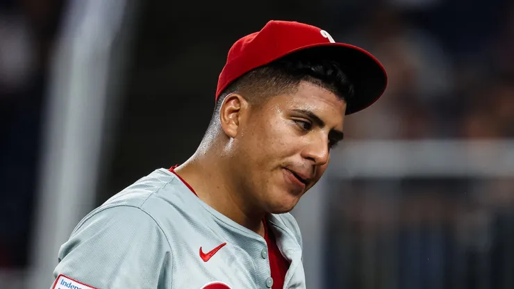 Ranger Suárez #55 of the Philadelphia Phillies reacts after pitching against the Washington Nationals during the first inning at Nationals Park on September 27, 2024 in Washington, DC.